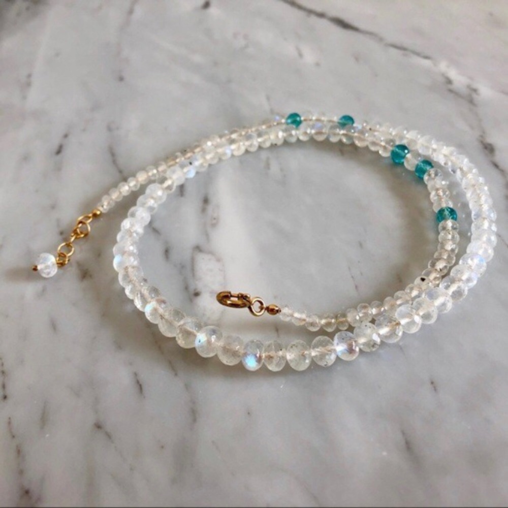 New Genuine Natural Blue Fire Rainbow Moonstone Apatite Gold Filled Necklace